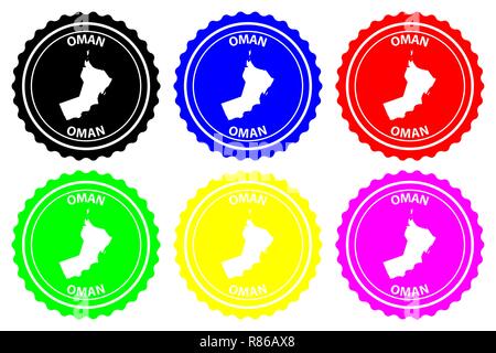 Oman - rubber stamp - vector, Sultanate of Oman map pattern - sticker - black, blue, green, yellow, purple and red Stock Vector