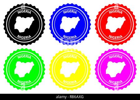 Nigeria - rubber stamp - vector, Federal Republic of Nigeria map pattern - sticker - black, blue, green, yellow, purple and red Stock Vector