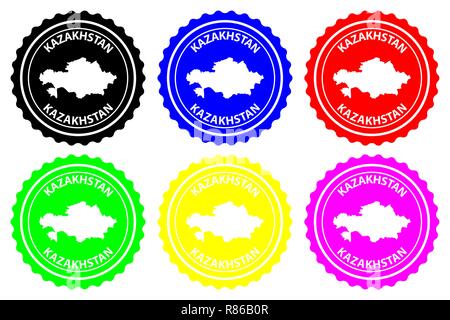 Kazakhstan - rubber stamp - vector, Kazakhstan map pattern - sticker - black, blue, green, yellow, purple and red Stock Vector