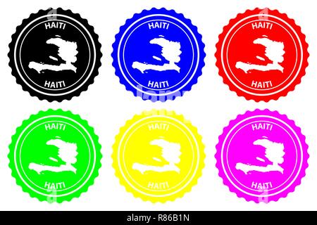 Haiti - rubber stamp - vector, Republic of Haiti map pattern - sticker - black, blue, green, yellow, purple and red Stock Vector