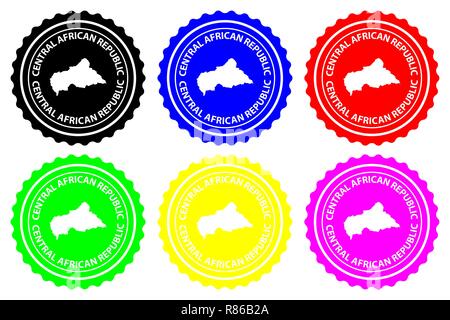 Central African Republic - rubber stamp - vector, Central African Republic (CAR) map pattern - sticker - black, blue, green, yellow, purple and red Stock Vector