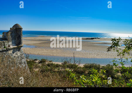 Panoramic view of the fortress of the historic village Cacela Velha and the Atlantic coast in the Algarve, Portugal Stock Photo