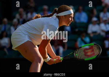 Jelena Ostapenko of Latvia in action during the Wimbledon Championships 2018 Stock Photo