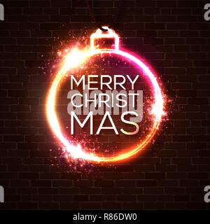 Christmas bauble decoration in vivid neon colors on red brick texture wall. Xmas background in festive retro style with stars sparkles bokeh. Glowing ball frame vector illustration. Stock Vector