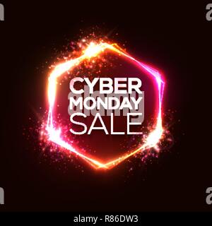 Neon sign of Cyber Monday text for decoration and covering on red wall background. Discount card concept of sale event. Realistic vector illustration with light explosion star firework bokeh elements. Stock Vector