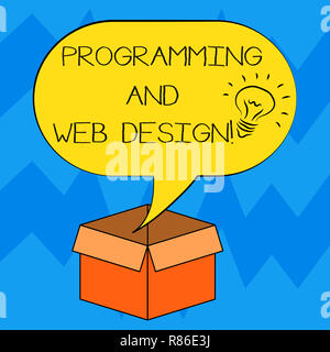 Text sign showing Programming And Web Design. Conceptual photo Website development Designing web pages Idea icon Inside Blank Halftone Speech Bubble O Stock Photo