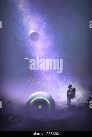 astronaut on abandoned planet looking up at the starry sky, digital art style, illustration painting Stock Photo