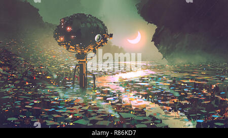 scenery of futuristic tower in dystopian city, digital art style, illustration painting Stock Photo