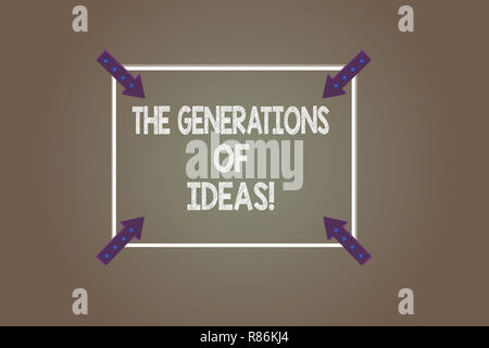 Text sign showing The Generations Of Ideas. Conceptual photo Brainstorming creative activities inspiration Square Outline with Corner Arrows Pointing  Stock Photo