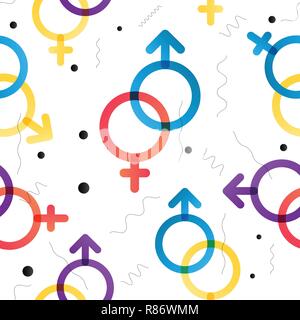 Love Actually vector colorful seamless pattern with gender symbols. Color transitions and simple shape, trend 2019 Stock Vector