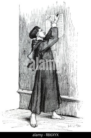 Martin Luther (1483-1546) naited to the door of the Wittenberg castle church his Ninety-Five These, 1517. Germania, 1882. Stock Photo