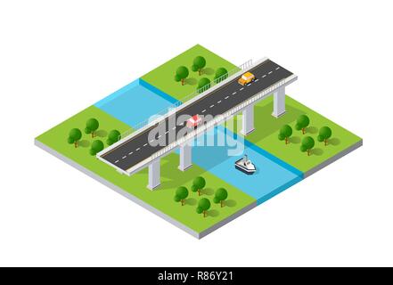 The bridge skyway of urban infrastructure is isometric for games, applications of inspiration and creativity. City transport organization objects in 3 Stock Vector