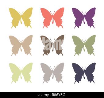 Set of flat vector objects of colored multicolor butterflies Stock Vector