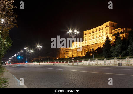 View during the night in front of the Palace of the Parliament in Bucharest, Romania. Stock Photo