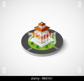 Chinese pagoda building house buddhist art of the temple of Oriental asia culture in an isometric view Stock Vector