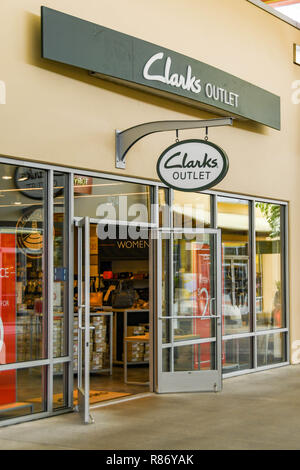SEATTLE, WA, USA - JUNE 2018: Exterior of the front of the Clarks shoes store at the Premium Outlets shopping mall in Tulalip near Seattle. Stock Photo