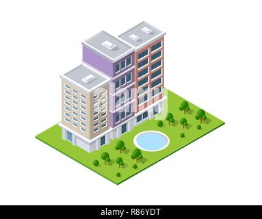 City isometric concept of urban infrastructure hotel. Vector building illustration of skyscraper and collection of urban elements architecture, home,  Stock Vector