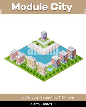 Isometric vector illustration of a modern city with a marina and river embankment. Dimensions of skyscrapers, houses, buildings and urban areas with t Stock Vector