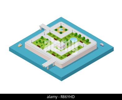 Isometric vector illustration of a modern city with a marina and river embankment. Water park on the island Stock Vector