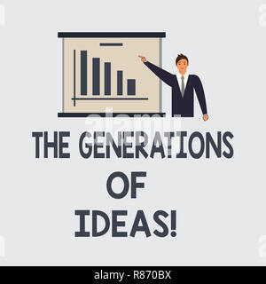 Text sign showing The Generations Of Ideas. Conceptual photo Brainstorming creative activities inspiration Man in Business Suit Standing Pointing a Bo Stock Photo