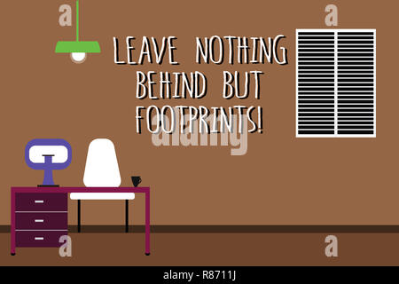 Word writing text Leave Nothing Behind But Footprints. Business concept for Do not look back always go forward Work Space Minimalist Interior Computer Stock Photo