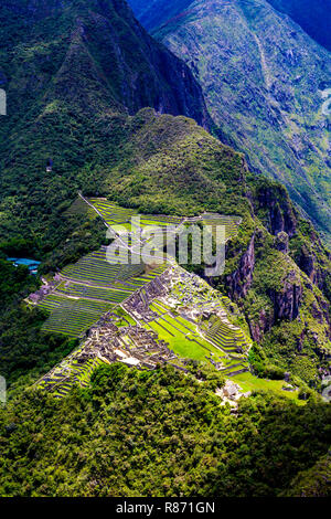 Aerial view of Machu Picchu - the Inca city and archeological site, Sacred Valley, Peru Stock Photo