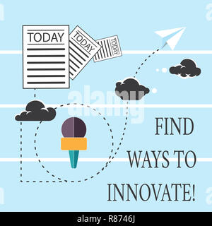 Text sign showing Find Ways To Innovate. Conceptual photo Have a creative mind full of ideas inspiration Information and Documents Passing thru Cloud  Stock Photo