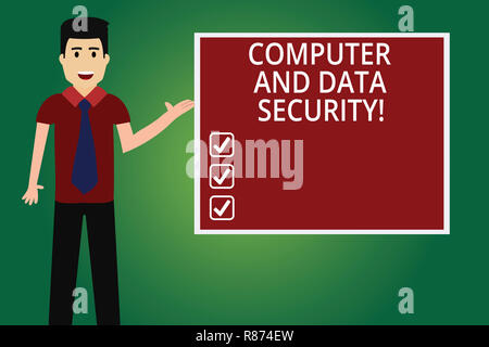 Word writing text Computer And Data Security. Business concept for Online software safety password protection Man with Tie Standing Talking Presenting Stock Photo