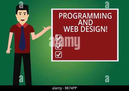 Word writing text Programming And Web Design. Business concept for Website development Designing web pages Man with Tie Standing Talking Presenting Bl Stock Photo