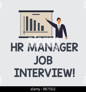 Text sign showing Hr Manager Job Interview. Conceptual photo Recruitment huanalysis resources searching for employees Man in Business Suit Standing Po Stock Photo