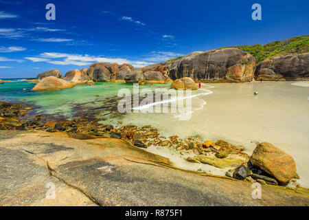 Scenic landscape of Elephant Cove Beach in William Bay National Park near Denmark, Western Australia on a summer season. Great Southern Ocean coastline. Copy space, blue sky. Stock Photo