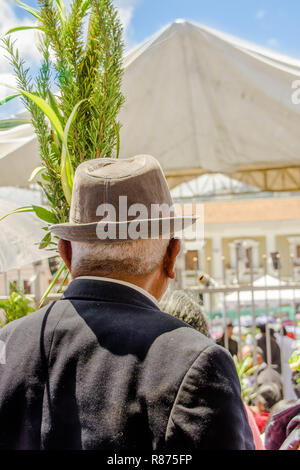 QUITO, ECUADOR- MARCH 23, 2018: Outdoor view of unidentified man wearing a hat participating in the celebration of Palm Sunday before Easter Stock Photo