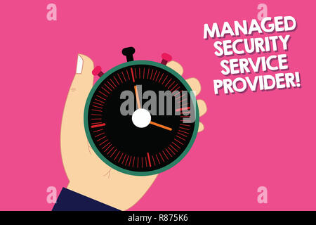 Handwriting text writing Managed Security Service Provider. Concept meaning Safety data technology analysisagement Hu analysis Hand Holding Mechanical Stock Photo