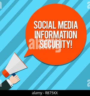 Word writing text Social Media Information Security. Business concept for Safety in online multimedia services Hu analysis Hand Holding Megaphone Blan Stock Photo