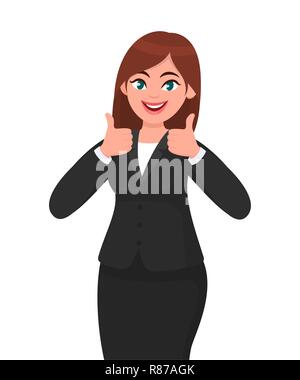 Beautiful smiling business woman showing thumbs up sign / gesturing with both hands. Like, agree, approve, positive concept illustration in vector Stock Vector