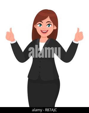 Beautiful smiling business woman showing thumbs up sign / gesturing with both hands. Like, agree, approve, positive concept illustration in vector Stock Vector