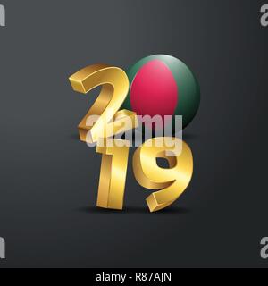 2019 Golden Typography with Bangladesh Flag. Happy New Year Lettering Stock Vector
