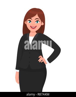 Beautiful smiling business woman in formal suit, standing while holding hand on hip isolated against white background. Businesswoman concept Stock Vector