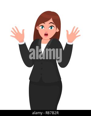 Businesswoman in depression with fear  or shock emotion and making gesture hands. Human body language and emotion face expression feeling. Stock Vector