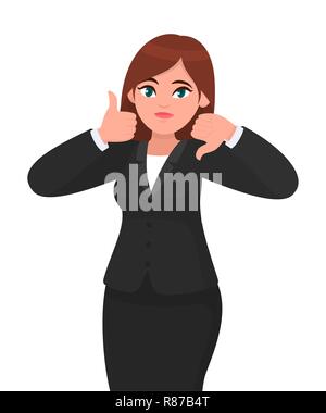 Businesswoman showing thumbs up and thumbs down gesture or sign with hands. Good and bad, like and dislike, agree and disagree, approve and disapprove Stock Vector