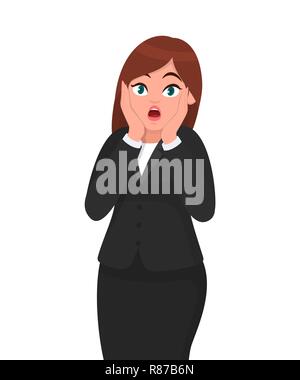 Shocked businesswoman holding hands on face while eyes and opened widely. Businesswoman body language and  human emotion concept illustration Stock Vector