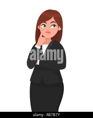 Beautiful attractive businesswoman thinking while touching her finger on face with thoughtful expression while looking up. Human emotion and body Stock Vector