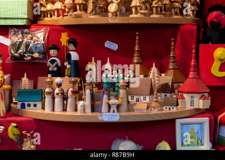 Beautiful hand crafted wooden toys sold at outdoor market. Stock Photo