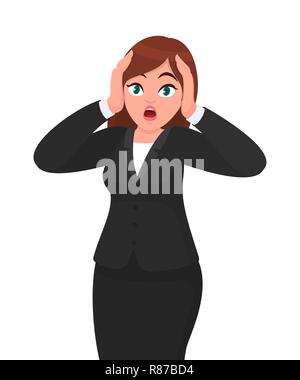 Shocked panic unhappy businesswoman holding hands on head and screaming in despair and frustration her eyes full of terror, mouth dropped open. Human  Stock Vector