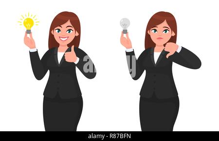 Happy businesswoman holding bright light bulb and showing thumbs up sign. Unhappy businesswoman holding bulb and gesturing thumbs down sign. Idea, inv Stock Vector