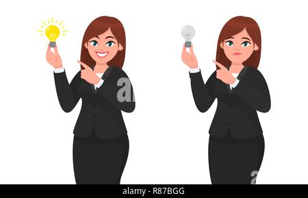 Happy businesswoman holding bright light bulb and pointing towards it. Unhappy businesswoman holding bulb and pointing index finger towards it. Idea,  Stock Vector