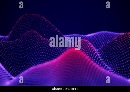 Abstract landscape of Neon digital particles or sound waves. Stock Vector