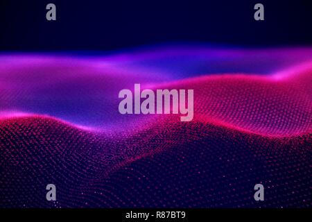 Abstract landscape of Neon digital particles or sound waves. Stock Vector