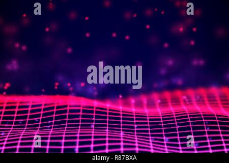Virtual reality concept: 3D Neon digital wireframe grid with floating particles. Stock Vector