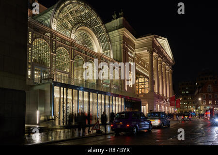 Front facade and entrance to the Royal Opera House, Covent Garden London, at night. Stock Photo